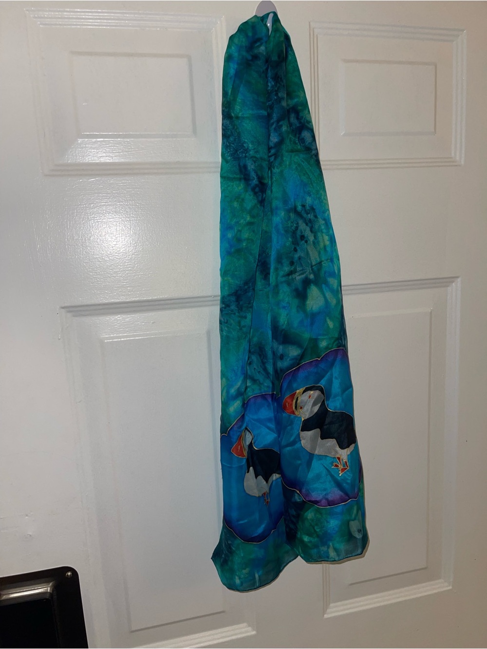 Multicolor Puffin Hand-Painted & Signed Scarf, 100% Silk